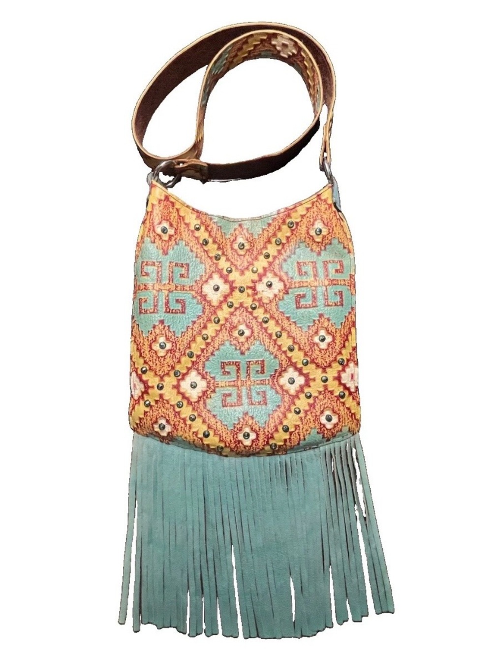 Kurtmen Turquoise & Red Leather Fringe Crossbody with Rhinestones